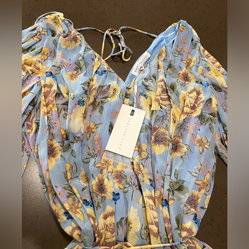 FLORAL PLEATED SHIFT ROMPER WITH TIE DETAIL  Sz XS - Picture 10 of 15